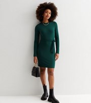 New Look Dark Green Ribbed Jersey Long Sleeve Belted Mini Dress